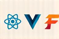 프론트엔드 기술 스택 아이콘들: React, Vue.js, Flutter